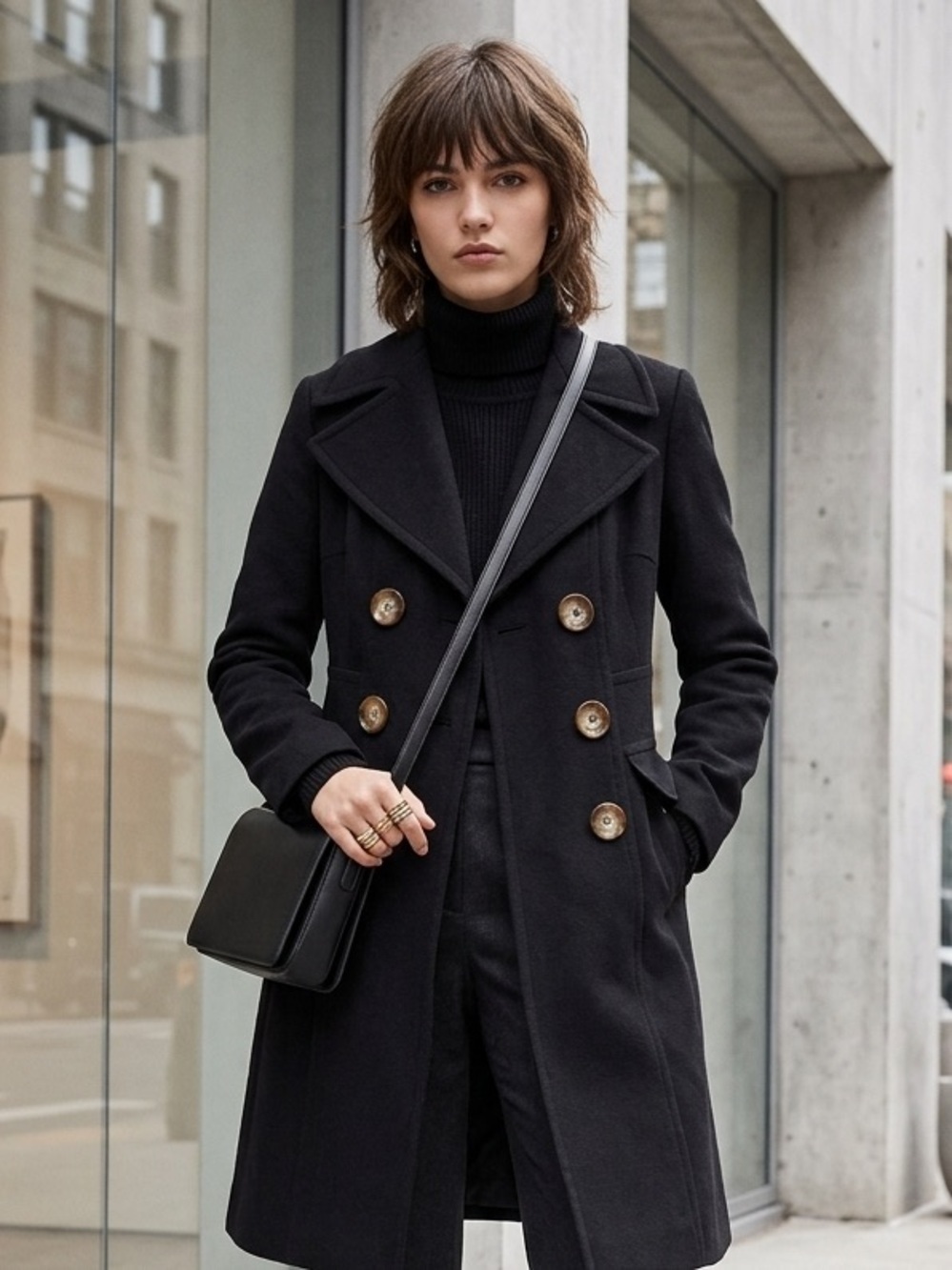 Michael Kors Black Double-Breasted Pea Coat with large Buttons women’s 4